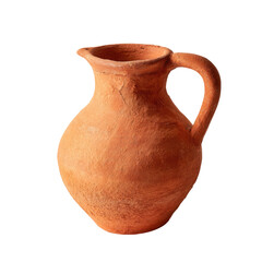 An unglazed, rustic terracotta pitcher with a handle and spout, showcasing its earthy texture and traditional form on a transparent background. background removed