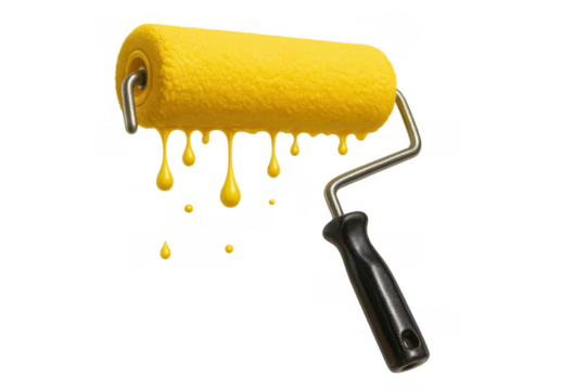 Paint roller dripping vibrant yellow paint for renovation, home improvement, and creative diy projects on transparent background