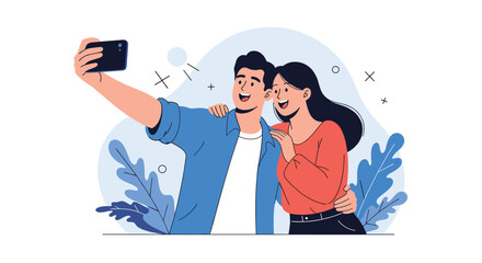 A happy young couple taking a selfie together while on an outing in nature capturing their special moments.