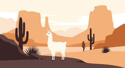 Obraz premium A lone llama stands peacefully in a vast desert landscape under a hazy sky.
