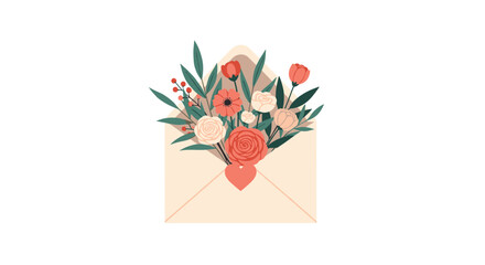 Beautiful floral arrangement overflowing from an elegant envelope with a heart seal.