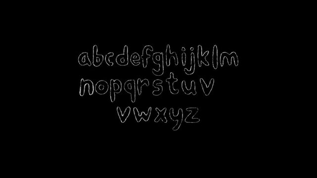 Stop Motion Hand-Drawn Doodle Outline of the Lowercase English Alphabet (a-z) with a White Neon Glow Effect on a Black Background