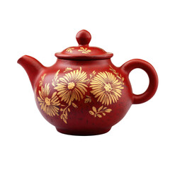 A beautiful red ceramic teapot with intricate golden floral patterns, likely chrysanthemums, on a textured surface, showcasing traditional artistry and elegant design for tea. background removed