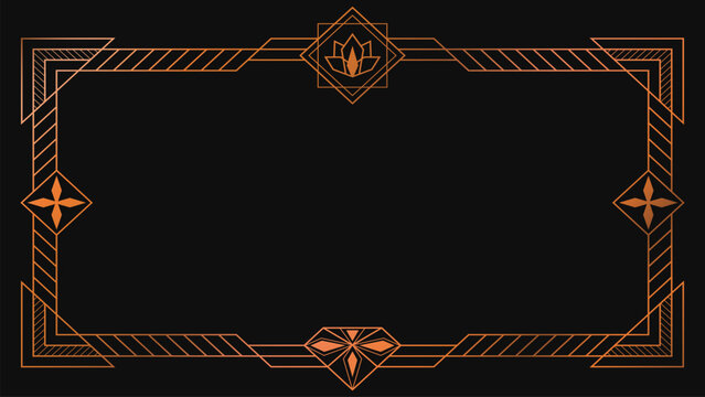 Elegant Art Deco frame with gold geometric line and ornamental corner accents on a black background. Ideal for invitation, certificate, luxury branding, poster, decorative layout, and vintage design