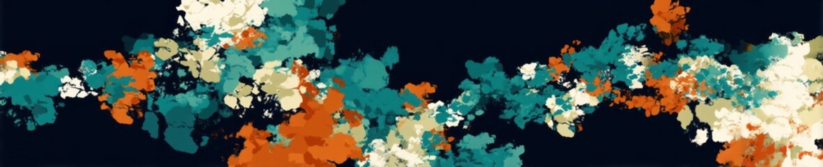 Abstract artwork features brushstroke-like blobs in teal, orange, and cream against a navy background