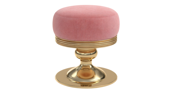 A stylish pink velvet stool with a sleek golden base, featuring a plush round top and elegant metallic accents on a transparent background. background removed