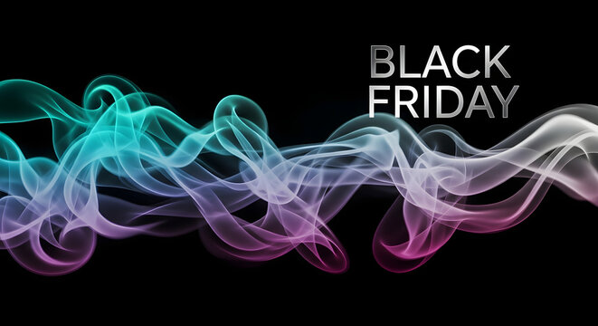 Black Friday Smoke Effect Banner Background: Abstract Neon Gas Waves in Cyan, Purple, and Magenta - Powered by Adobe