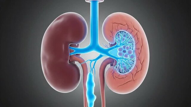 Detailed Medical Animation of the Human Kidneys and Urinary Tract With Illuminated Renal Artery and Veins on a Dark Textured Background