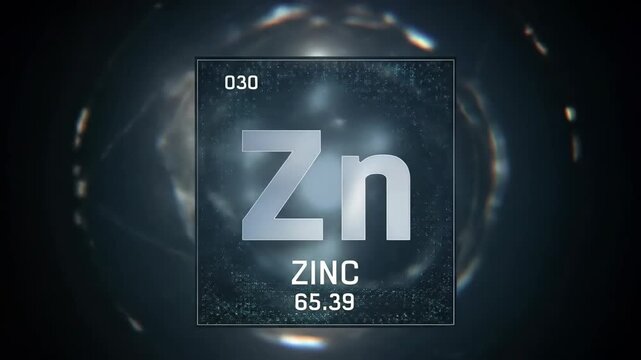 Detailed zinc element presentation on a dark backdrop with glowing orbs, highlighting its scientific properties and atomic structure in a digital display.