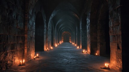 Fototapeta premium Mysterious underground passageway illuminated by candles creates a haunting atmosphere with ancient stone walls in a forgotten space
