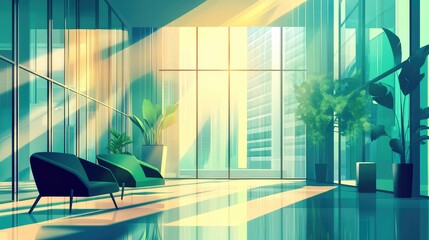 Modern office waiting area with sunlit glass interior