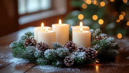 Advent wreath with glowing candles surrounded by snowflakes pine branches and soft ambient lights
