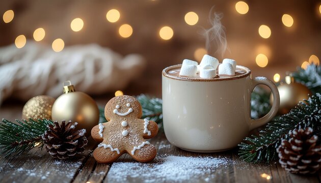 Cozy Christmas still life featuring a mug of hot chocolate