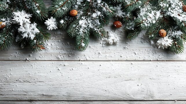 Wintery pine branches with cones on rustic wooden background with snowflakes