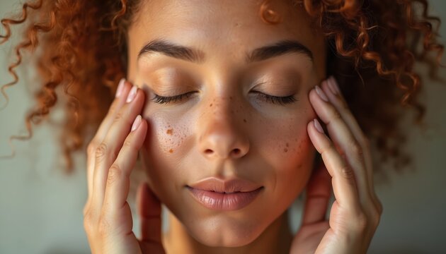 Woman with freckles massages temples gently. Eyes closed in peace, natural beauty, serene face. Soft light highlights glowing skin, peaceful spa moment.