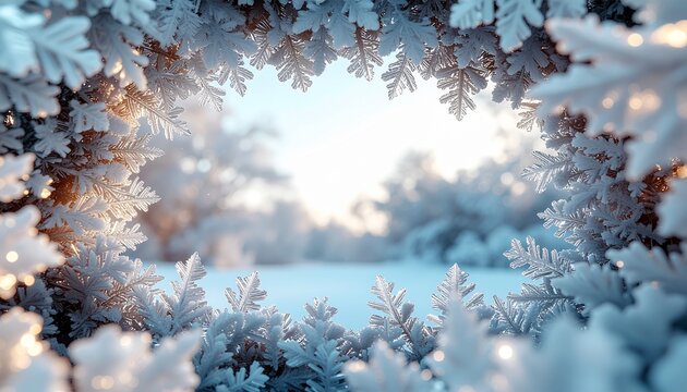 Delicate winter frame composed entirely of intricately detailed snowflakes and icy crystal shapes