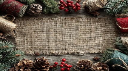 Flat lay of pine cones, red berries, and twine on wooden rustic background