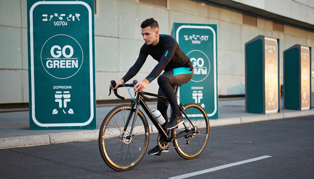 Athletic young male cyclist in black and teal sportswear riding a modern road bike in the city, passing eco-friendly "Go Green" electric vehicle charging stations. Represents sustainable urban mobilit