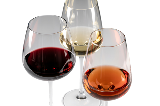Three wine glasses with red white and amber liquid isolated on transparent background