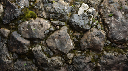 Intriguing texture of natural stone wall with moss accents, a compelling backdrop for nature designs, geological studies, or rustic themed projects, perfect for adding raw organic beauty