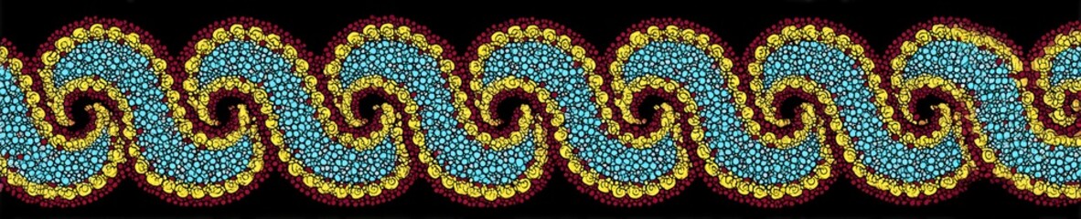 Decorative border featuring a wave-like pattern of turquoise, yellow, and maroon