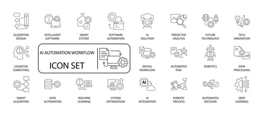 AI Automation line icons. Includes robotics, data processing, smart home, web development, and digital transformation vector signs