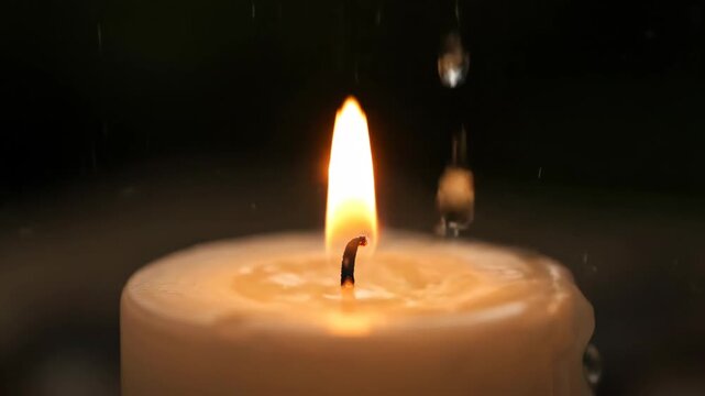 Water drops falling onto a candle flame in slow motion. Close-up of a flickering light as water splashes into hot wax. Fire and water contrast concept