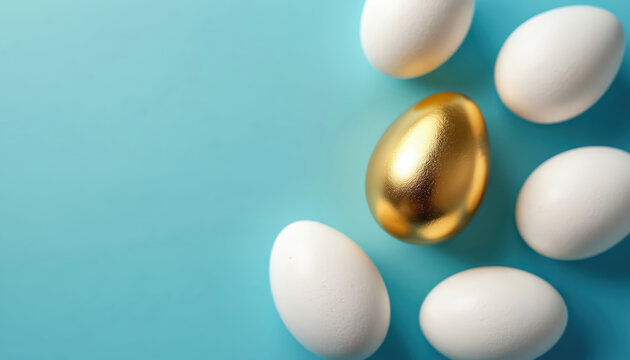 Golden egg stands out among white eggs. Symbol of uniqueness, value. Blue backdrop adds vivid contrast. Image conveys rarity, distinction in business. Perfect for spring holidays like Easter themes,