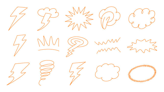 Hand drawn doodle style vector set featuring expressive comic elements like lightning bolts, storm clouds, starbursts, and speech bubbles for design.