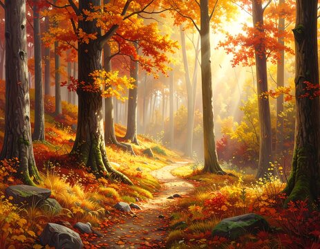 A vibrant painting of an autumn forest with sunlit pathways. Golden leaves and tall trees create a serene and colorful landscape