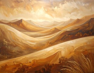 Golden Hues of Abstract Desert Landscape with Mountainous Dunes Art Painting
