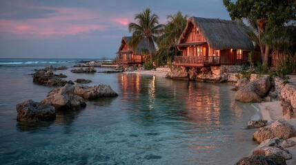 A tranquil tropical paradise at dusk, with sun-kissed waves gently lapping under wooden structures over the water