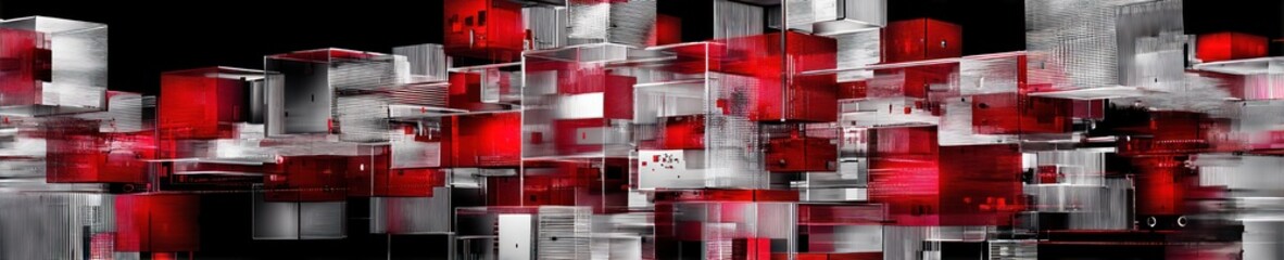 Abstract panoramic image of red and white cubes. Black background. Some transparency. Highly blurred