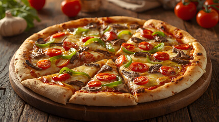 Pizza Perfection: A freshly baked pizza, a symphony of flavors and textures, featuring a golden crust, rich melted cheese, vibrant tomatoes, and fresh toppings.