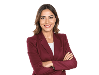Mujer ejecutiva sonriente con brazos cruzados y fondo transparente