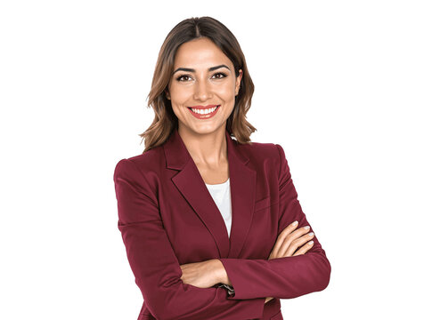 Mujer ejecutiva sonriente con brazos cruzados y fondo transparente