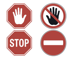 Four red and white traffic signs including stop, do not enter, and do not pass symbols are shown against a white background.