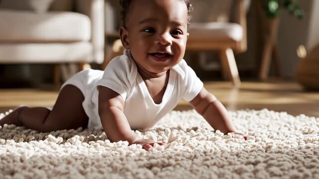 Adorable Black baby boy crawling on a soft rug at home. Happy infant smiling at the camera in a sunlit living room. Childhood development and joyful moments