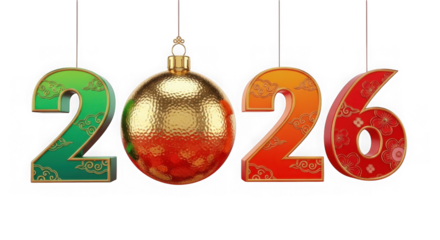 Happy new year 2026 text with a golden christmas ornament, isolated on transparent background