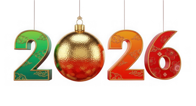 Happy new year 2026 text with a golden christmas ornament, isolated on transparent background