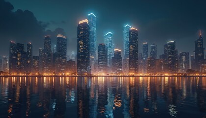 Fototapeta premium Modern city skyline at night over water. Tall skyscrapers with glowing windows reflect on the dark blue lake. Urban landscape lights up the evening sky.