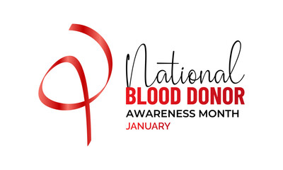 National Blood Donor Awareness Month vector design featuring red blood drop symbols and awareness ribbon for January health campaign. Banner poster, flyer and background design template.