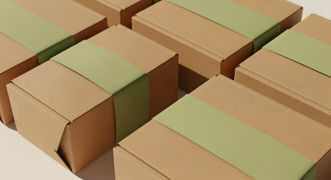 Sustainable Cardboard Packaging Boxes with Green Bands Arranged on a Light Background.