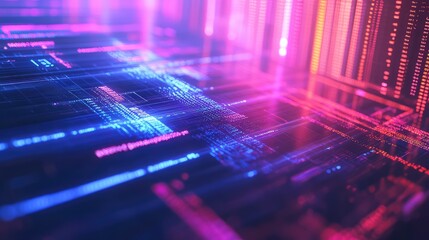 Digital data flowing through abstract futuristic network grid