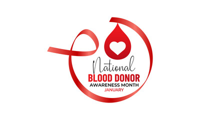 National Blood Donor Awareness Month vector design featuring red blood drop symbols and awareness ribbon for January health campaign. Banner poster, flyer and background design template.