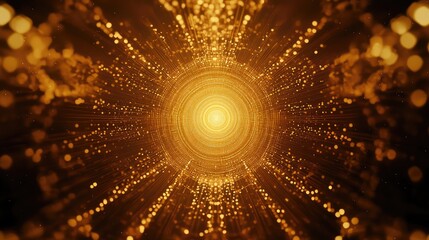 Golden light tunnel moving through abstract particles