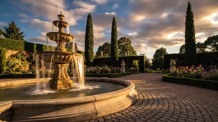 Timelapse of a formal garden with a flowing water fountain. Clouds move across the sky as day transitions to a golden sunset. Elegant landscape architecture