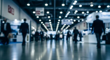Blurred silhouettes of people walking through a brightly lit convention center hall
