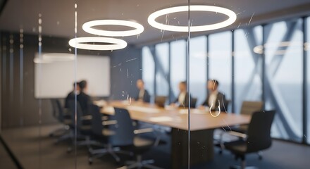 Blurred image of business professionals in a modern conference room with circular pendant lights