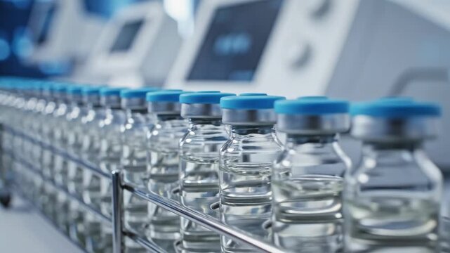 A row of vaccine vials on a pharmaceutical production line. Close-up of medicine ampoules in a modern manufacturing facility. Medical research and healthcare technology concept